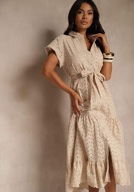 Beżowa Koszulowa Sukienka z Ażurowej Bawełny Wiązana w Talii Lulilena