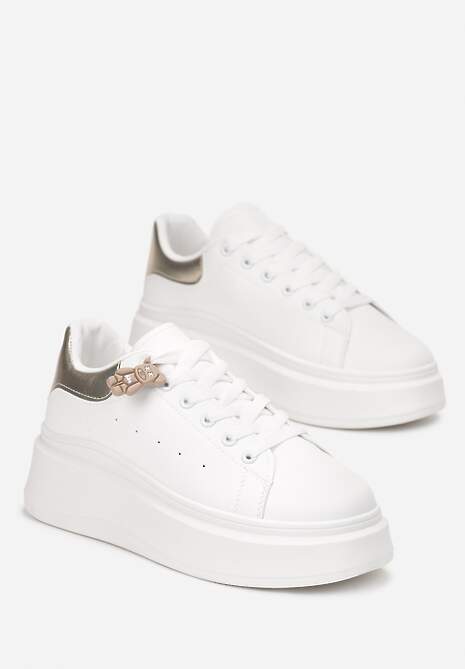 Biało-Złote Sznurowane Sneakersy na Platformie z Aplikacją przy Sznurówkach Khirlie