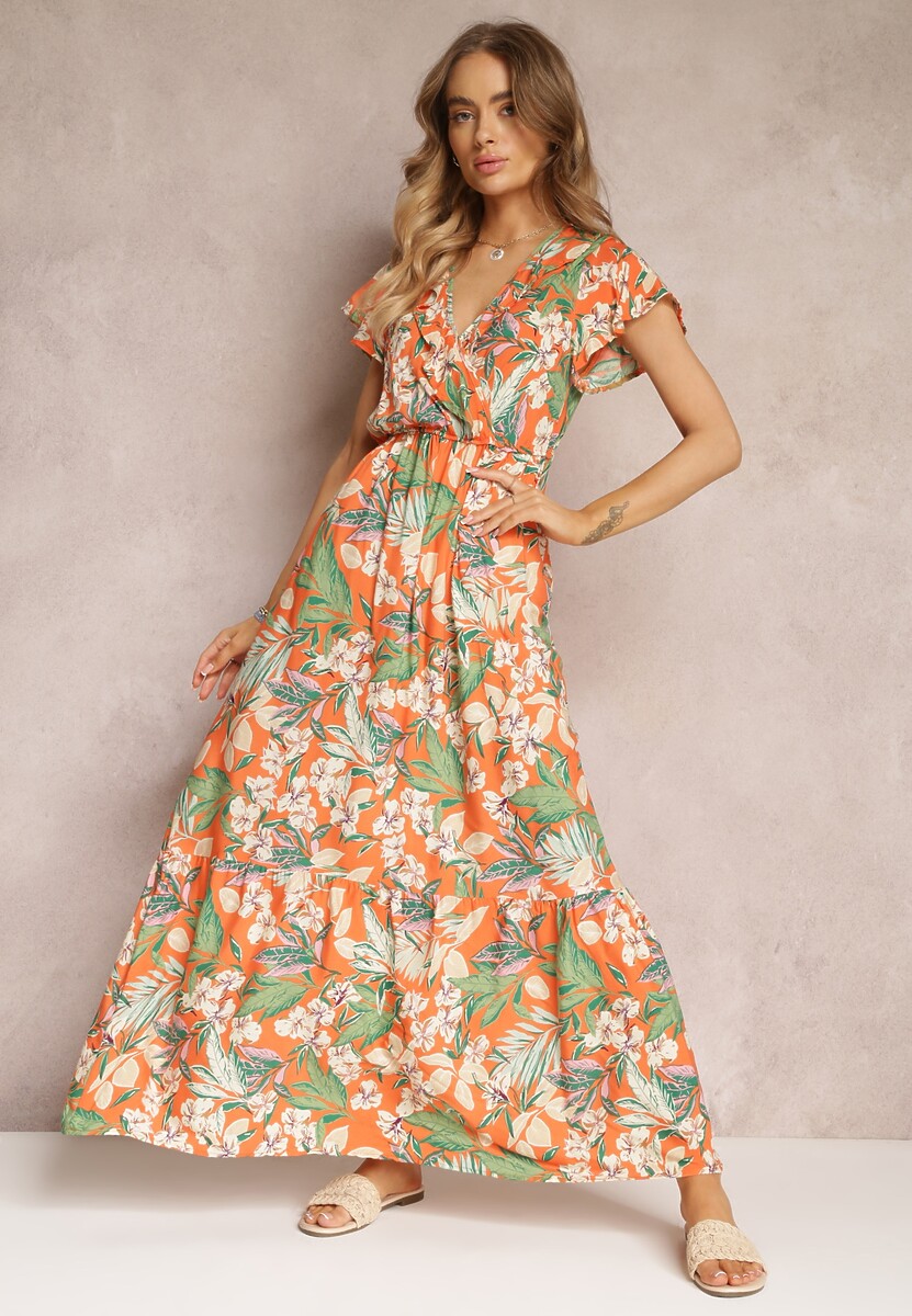 Pomarańczowa Sukienka Rozkloszowana w Kwiaty z Gumką w Pasie Diggle