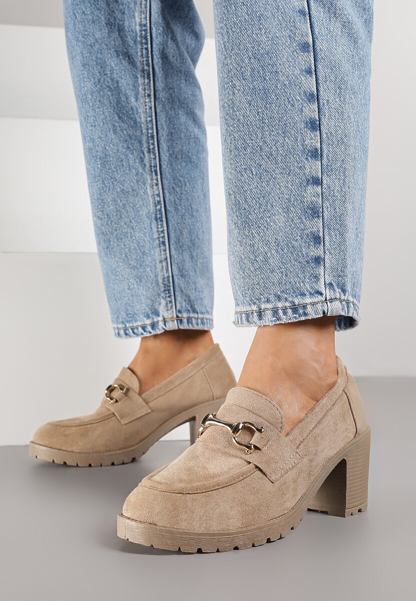 Ciemnobeżowe Półbuty Mokasyny na Słupku z Platformą Ozdobione Klamrą Acridna