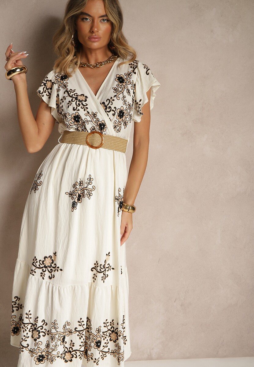 Biało-Czarna Kopertowa Sukienka z Wiskozy Ozdobiona Haftem i Paskiem Nilatea