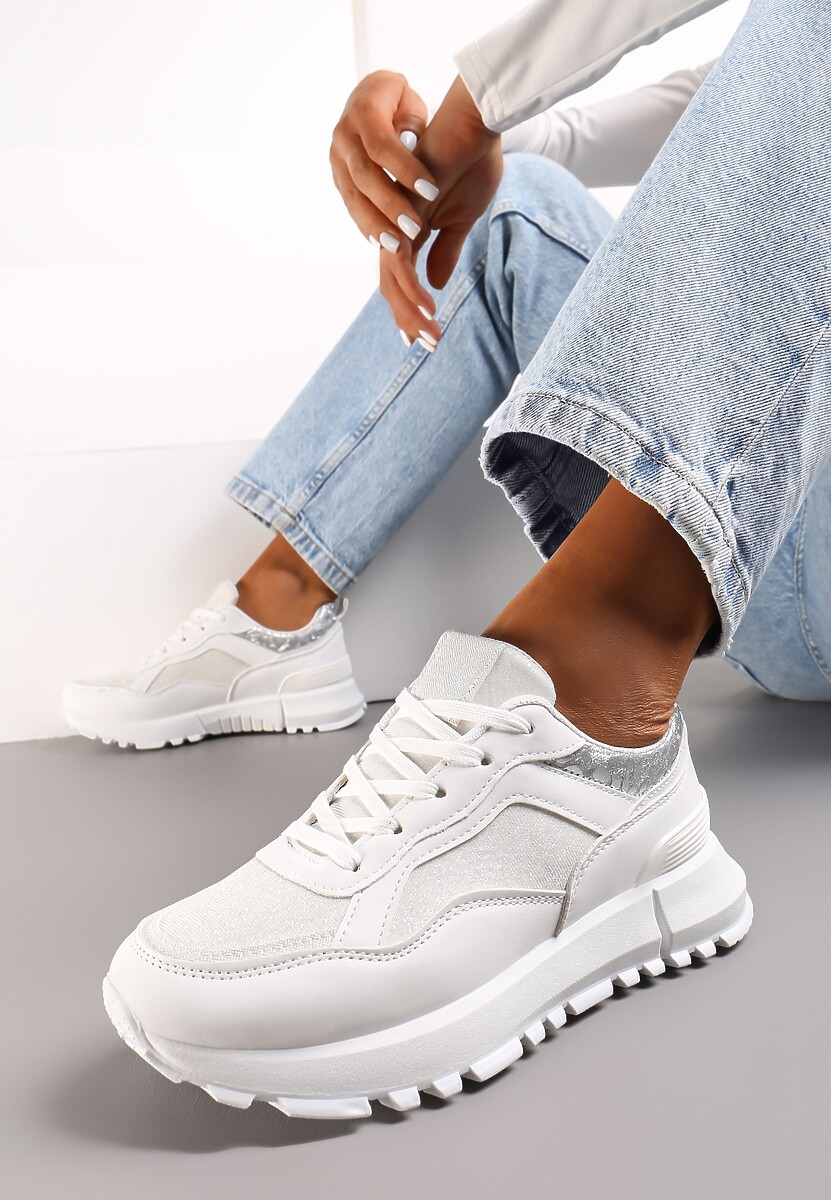 Białe Sneakersy z Brokatem na Grubej Podeszwie Wizune