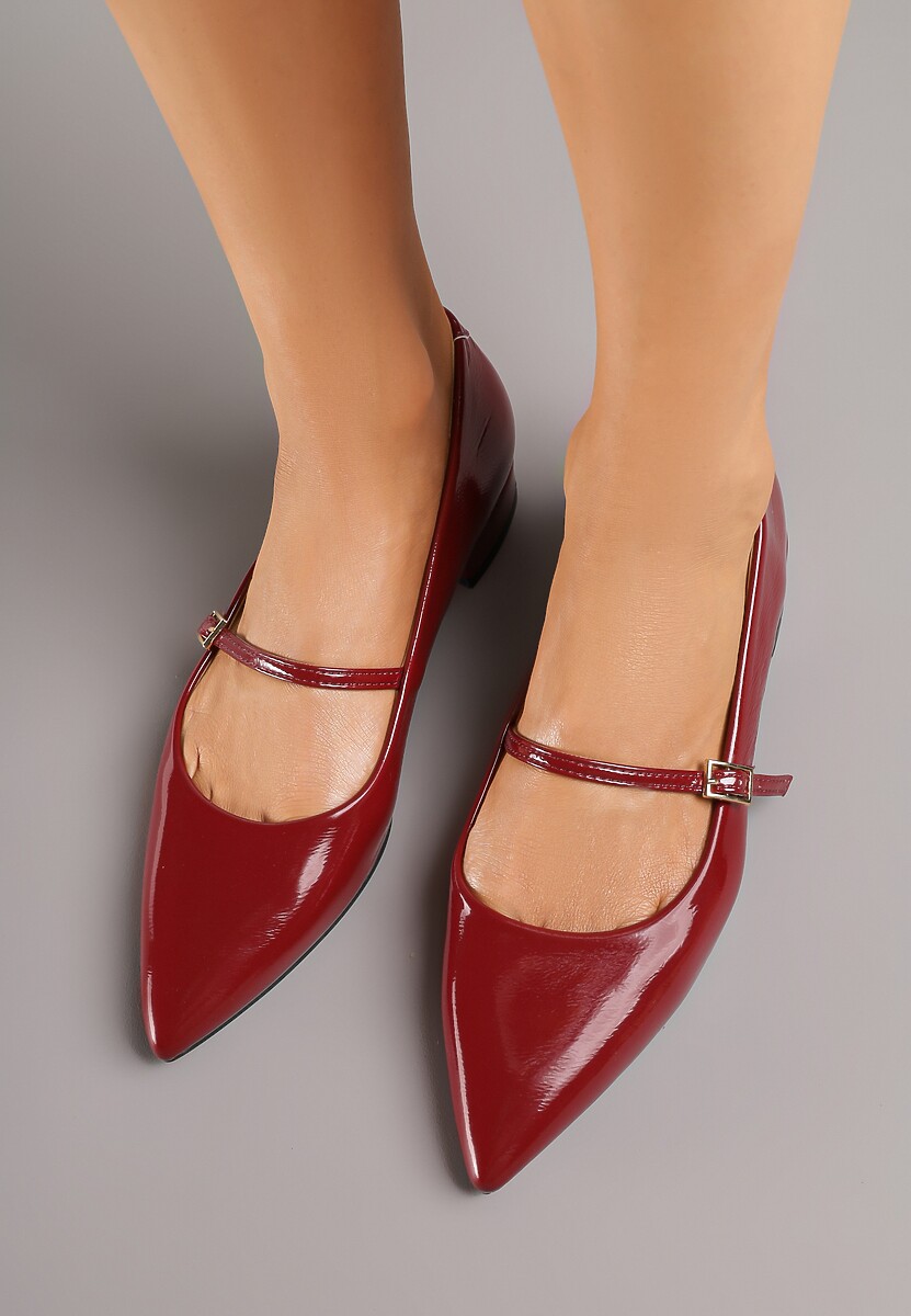 Bordowe Balerinki Lakierowane Vices z Wkładką ze Skóry Naturalnej Ozdobione Paskiem Tikkie