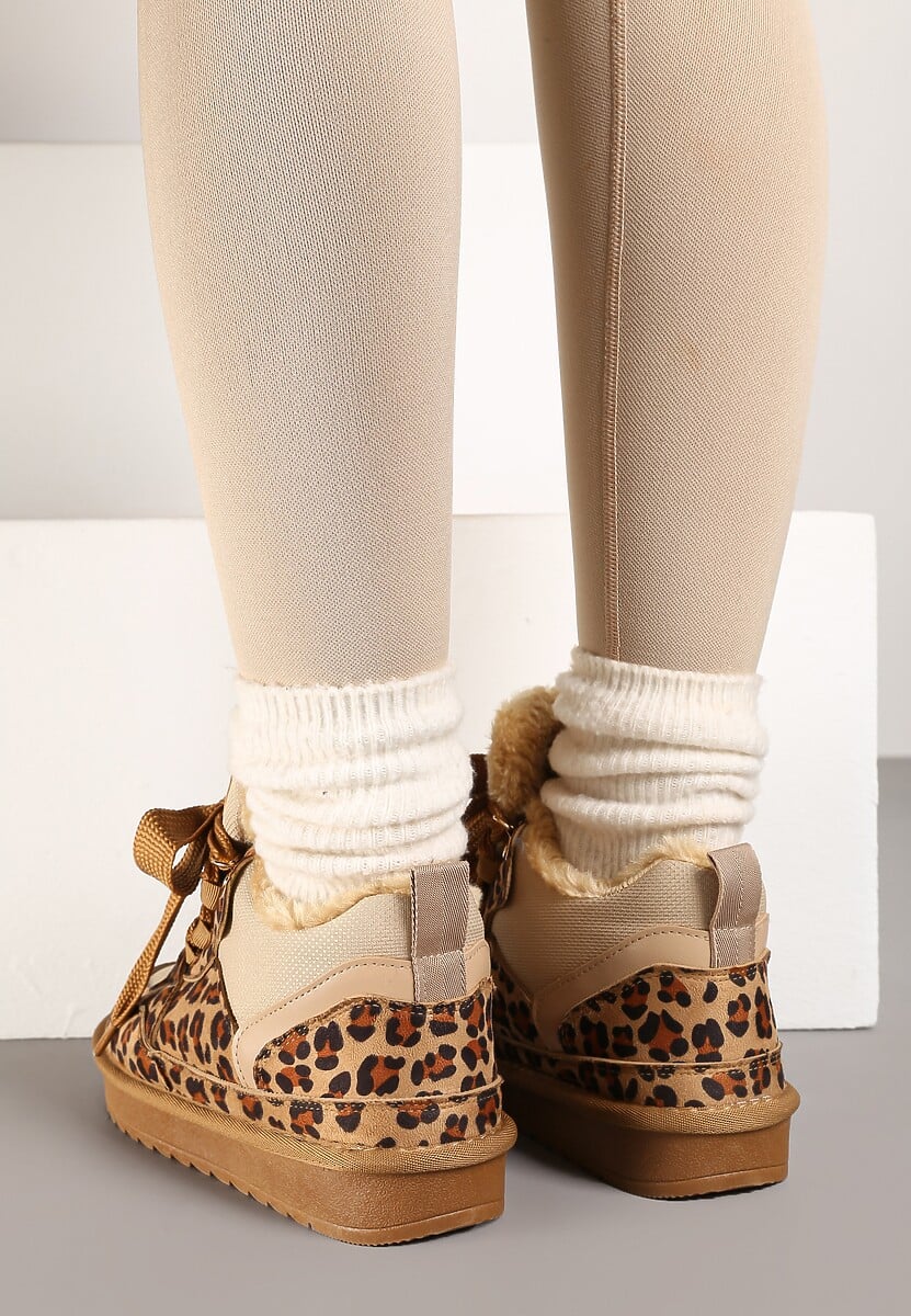 Brązowe Zimowe Sneakersy Vices Stylizowane na Śniegowce z Futerkiem i Wzorem w Panterkę Tennira