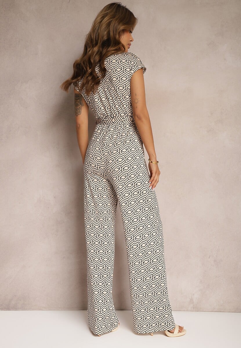 Beżowo-Czarny Kombinezon z Dodatkiem Wiskozy z Wiązaniem w Talii w Geometryczny Wzór Trosofia