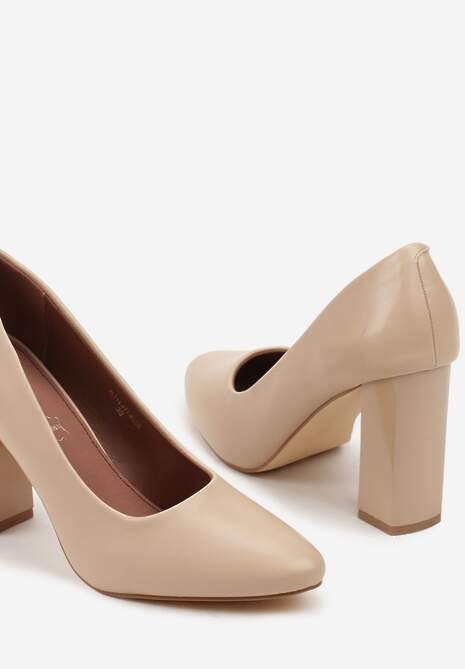 Beżowe Czółenka Vices na Słupku Klocku ze Skórzaną Wkładką  Esmela