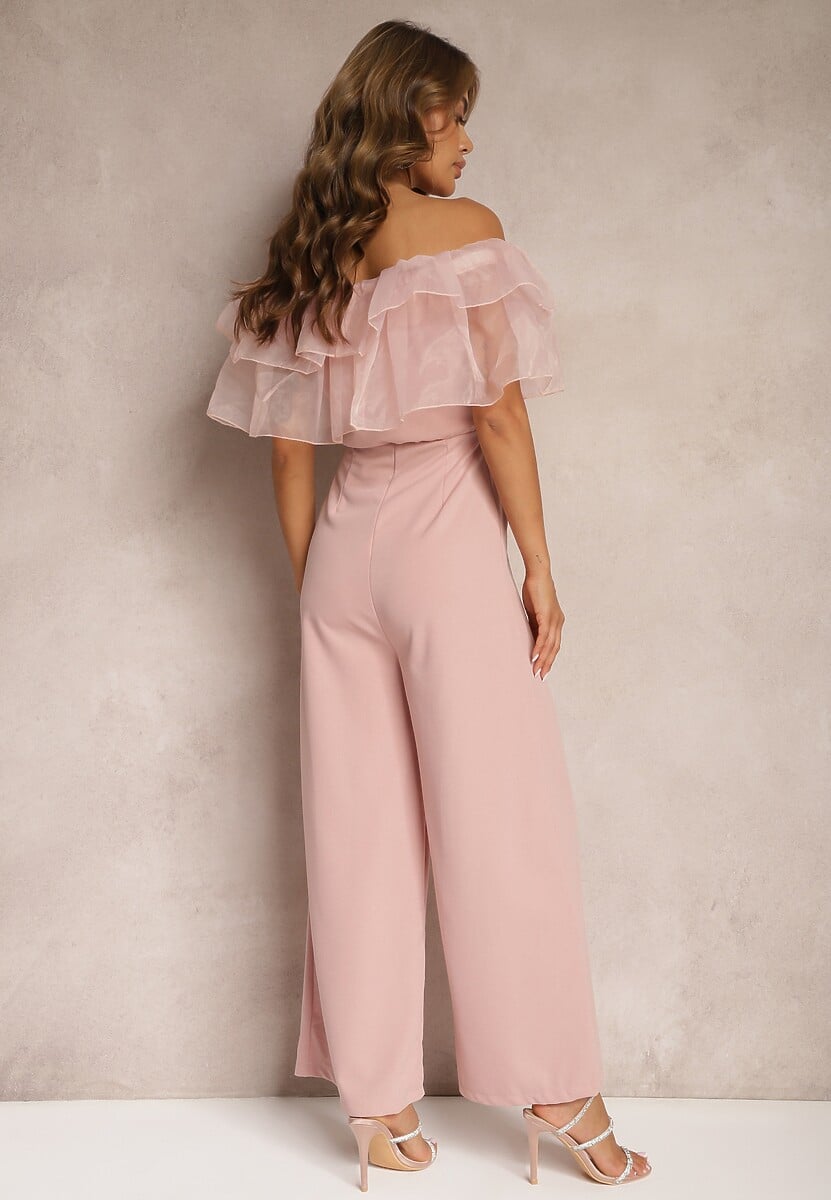 Ciemnoróżowy Koktajlowy Kombinezon z Falbanką przy Dekolcie bez Rękawów Tessita