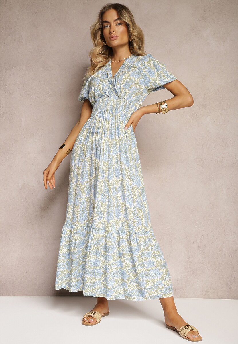 Niebieska Trapezowa Sukienka z Bawełny z Bufiastymi Rękawami Falbaną i Gumką w Talii Vimayana