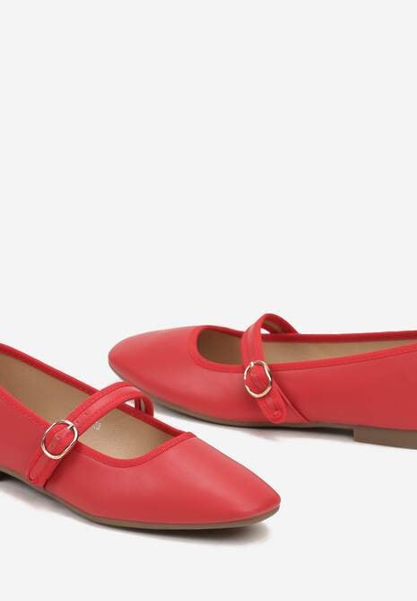 Czerwone Balerinki z Kwadratowym Noskiem i Zapięciem na Sprzączkę Rilanora