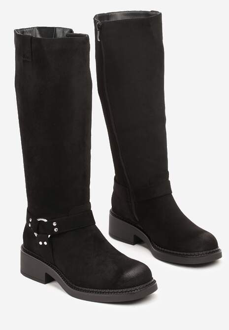 Czarne Kozaki Bikery z Metalicznymi Nitami i Klamrami Sedinea