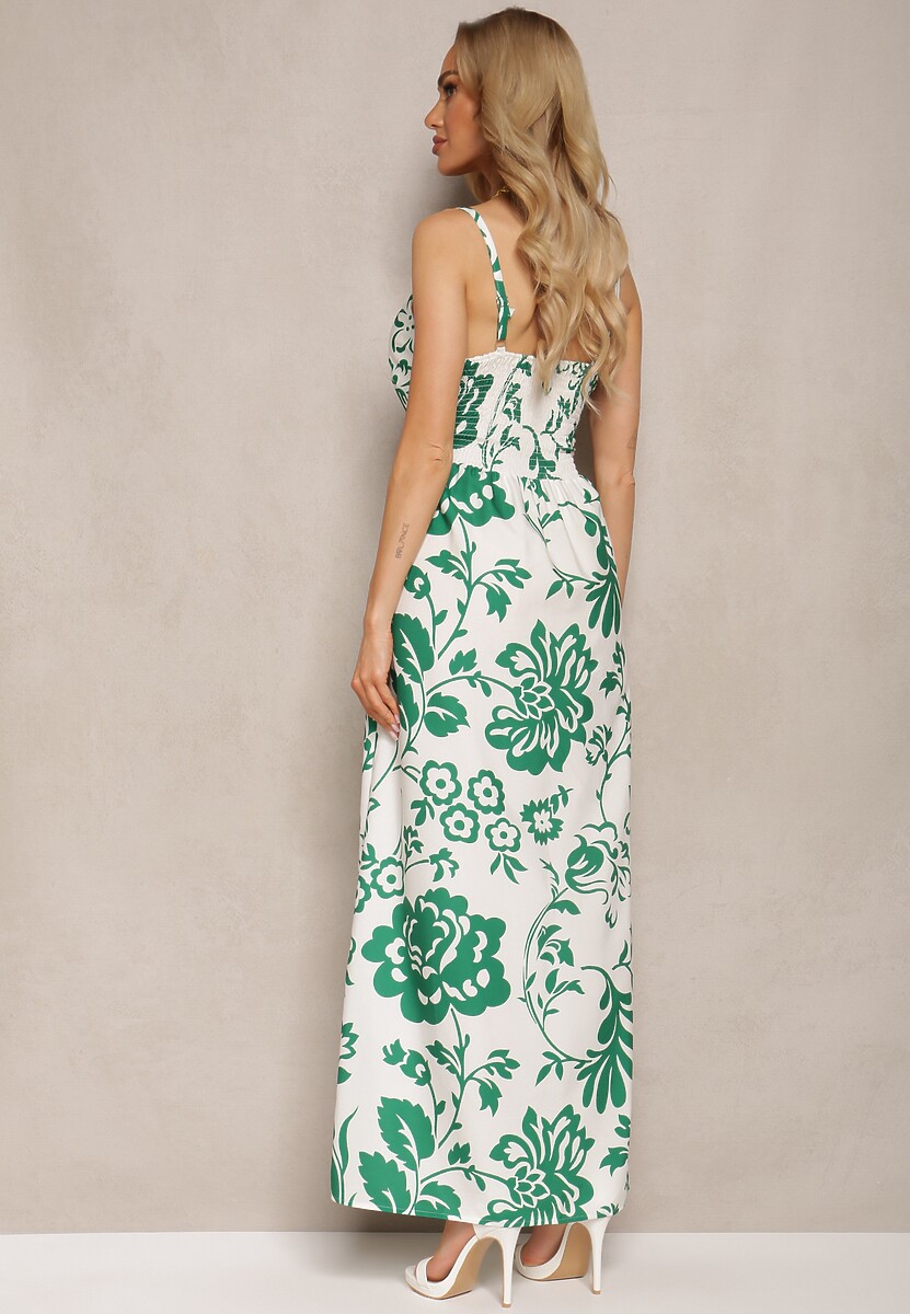 Zielono-Biała Sukienka z Gumkami na Plecach Ściągana w Talii z Regulowanymi Ramiączkami Falora