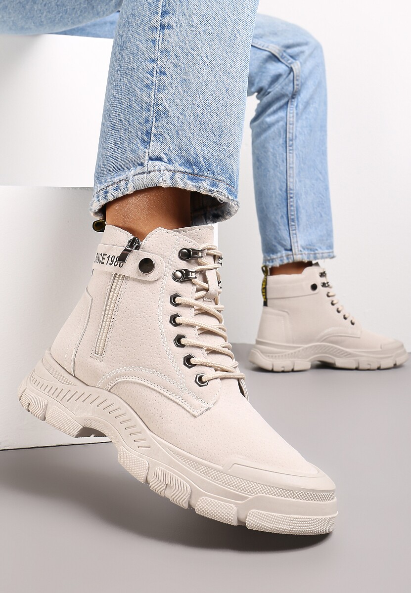 Beżowe Sznurowane Botki Traperki na Grubej Podeszwie Trewenna