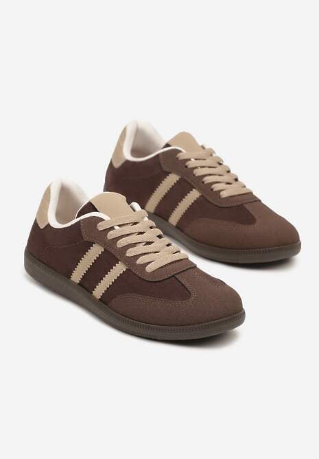 Brązowe Casualowe Sneakersy z Ekozamszu na Płaskiej Podeszwie Pemeriana