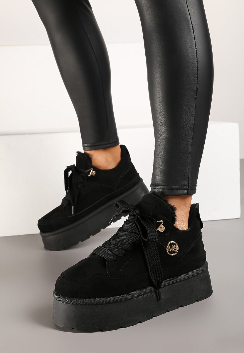 Czarne Sneakersy z Ekozamszu na Grubej Podeszwie Wyściełane Futerkiem Senavel