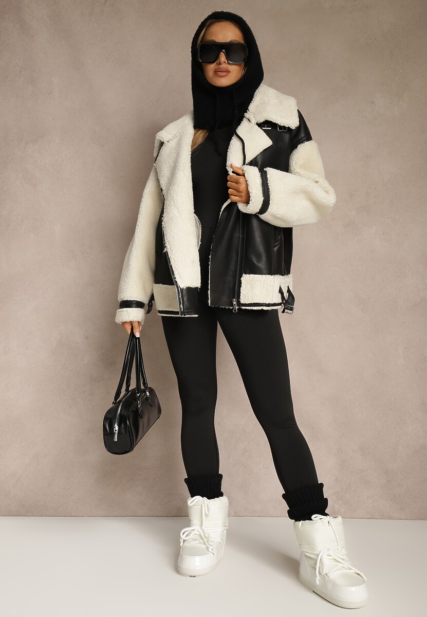 Czarno-Biała Kurtka Ramoneska z Futerkiem Mysteri