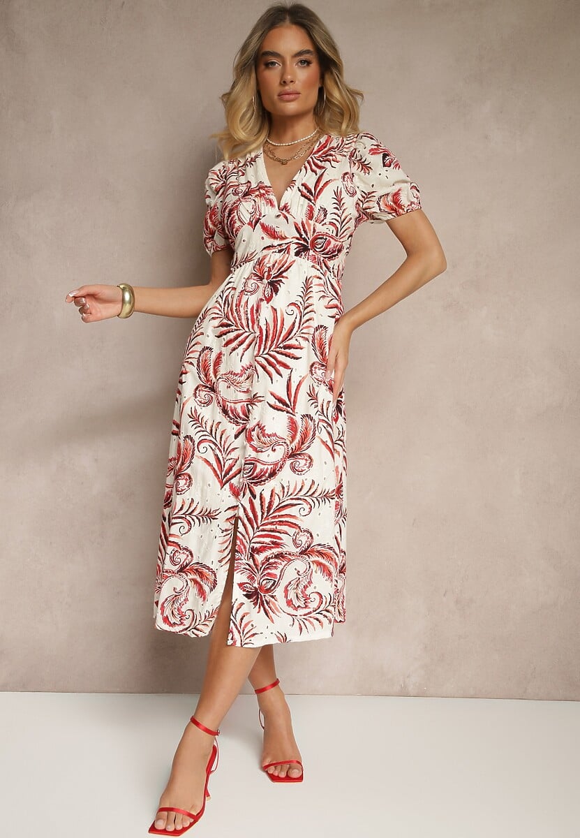 Zielona Sukienka o Rozkloszowanym Kroju z Dekoltem w Serek w Roślinny Print Evilessa