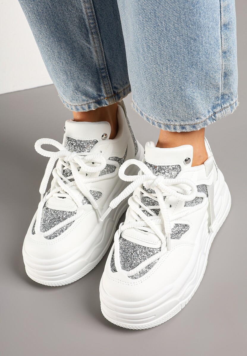 Białe Sneakersy w Streetwearowym Stylu na Tłoczonej Platformie z Brokatem Mailienne