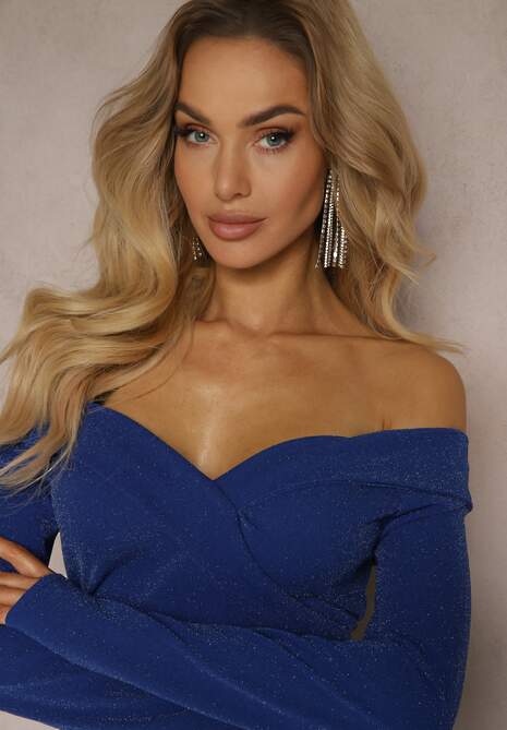 Granatowa Sukienka Hiszpanka o Dopasowanym Kroju z Rozcięciem i Rozszerzanym Dołem Emeliora