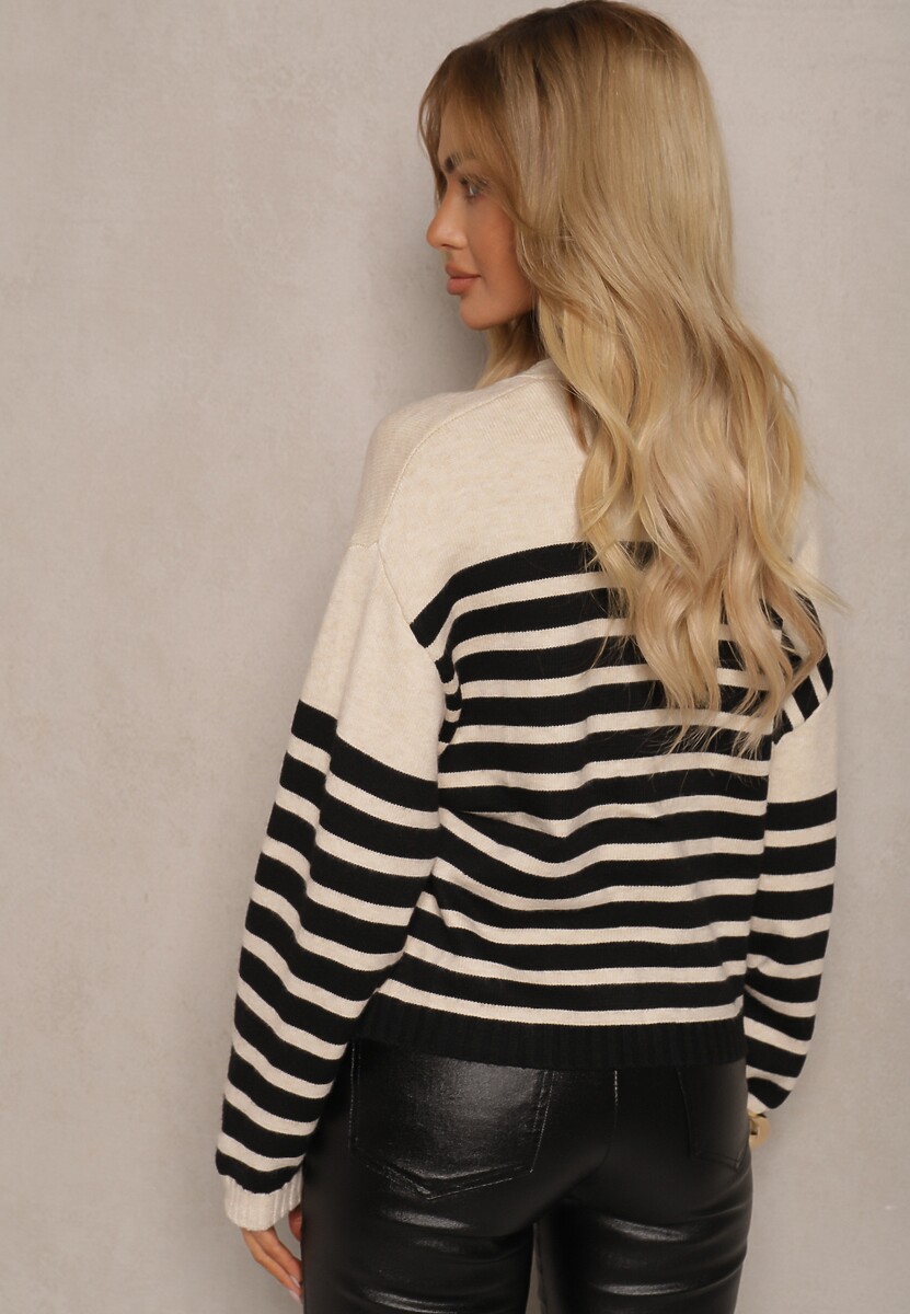 Jasnobeżowy Zapinany Kardigan w Paski z Wiskozowej Dzianiny Filaria