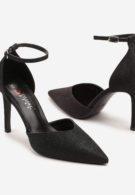 Czarne Brokatowe Szpilki ze Szpiczastym Noskiem i Paskiem ze Sprzączką Danarilis