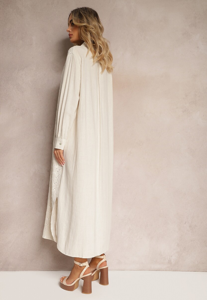 Jasnobeżowa Ażurowa Sukienka o Koszulowym Kroju z Wiskozy i Lnu z Rozcięciami i Guzikami Sannesti