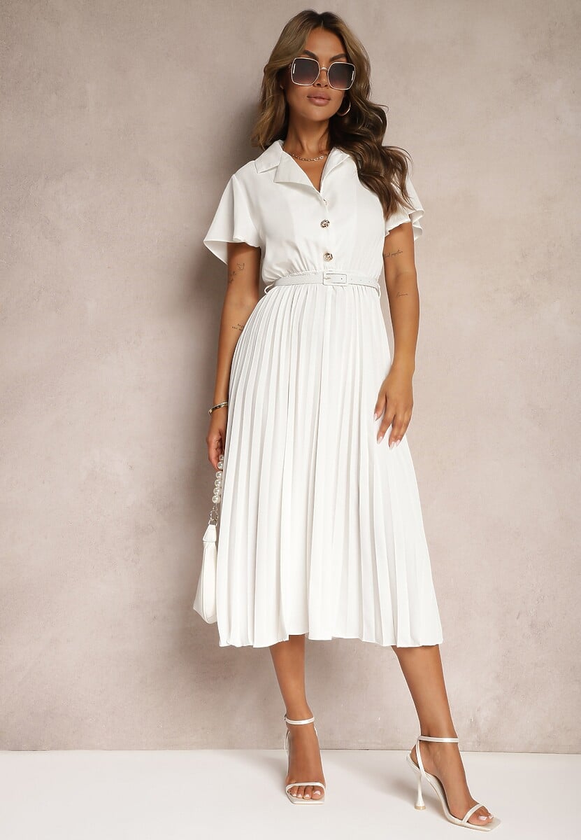 Biała Plisowana Rozkloszowana Sukienka z Paskiem Guzikami i Gumką w Talii Nelaika