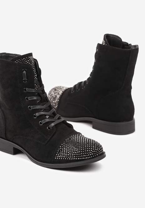 Czarne Botki na Płaskiej Podeszwie ze Sznurowaniem i Cyrkoniami Innama