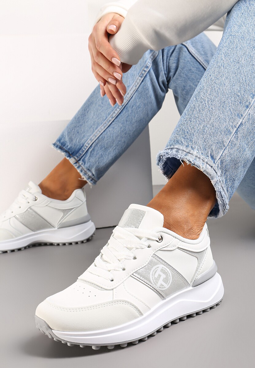Białe Sznurowane Sneakersy z Brokatem i Siateczką na Grubej Podeszwie Leviria