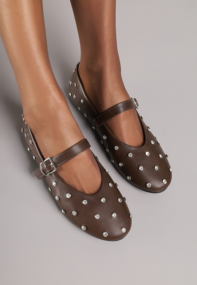 Brązowe Balerinki Vices w Stylu Mary Jane z Ćwiekami i Skórzaną Wkładką Riladora