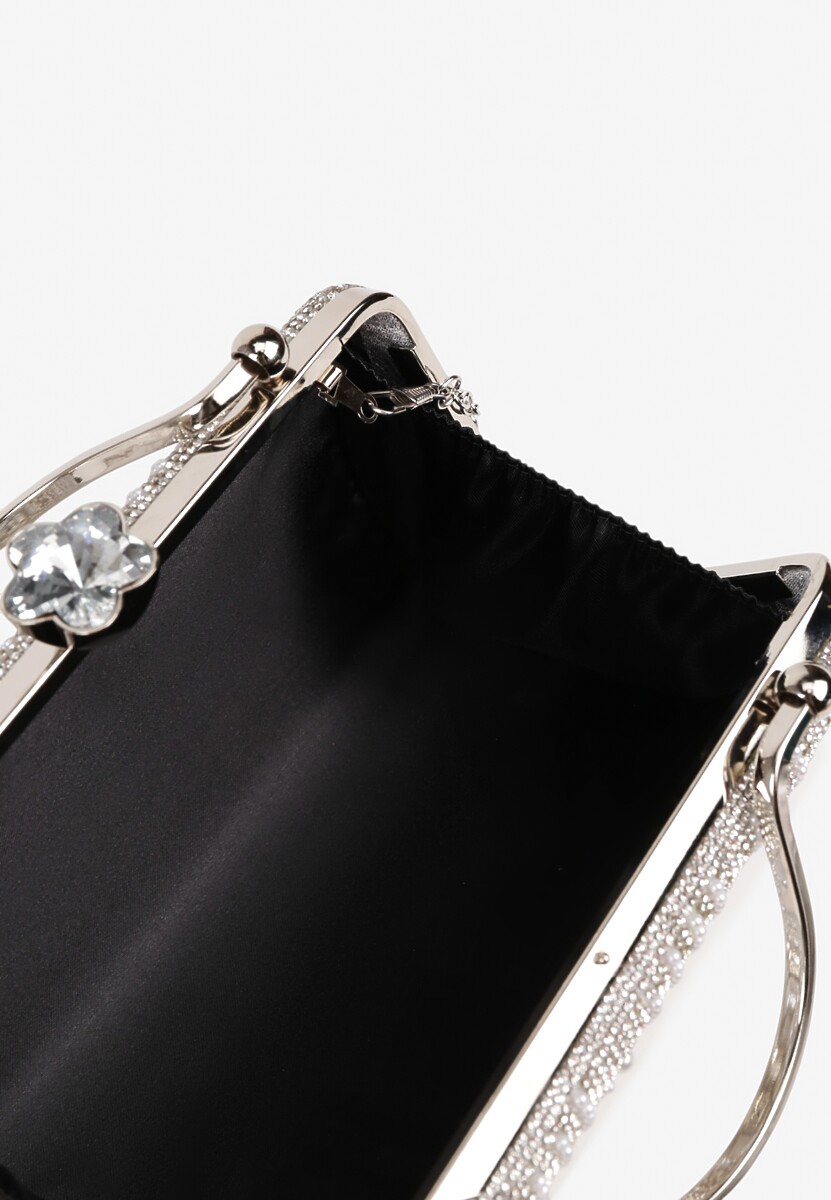 Srebrna Torebka Kopertówka Ozdobiona Perełkami i Cyrkoniami Fessurea