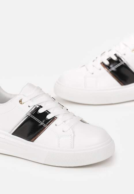 Biało-Czarne Sneakersy na Niskiej Platformie z Metalicznymi Wstawkami Tommu