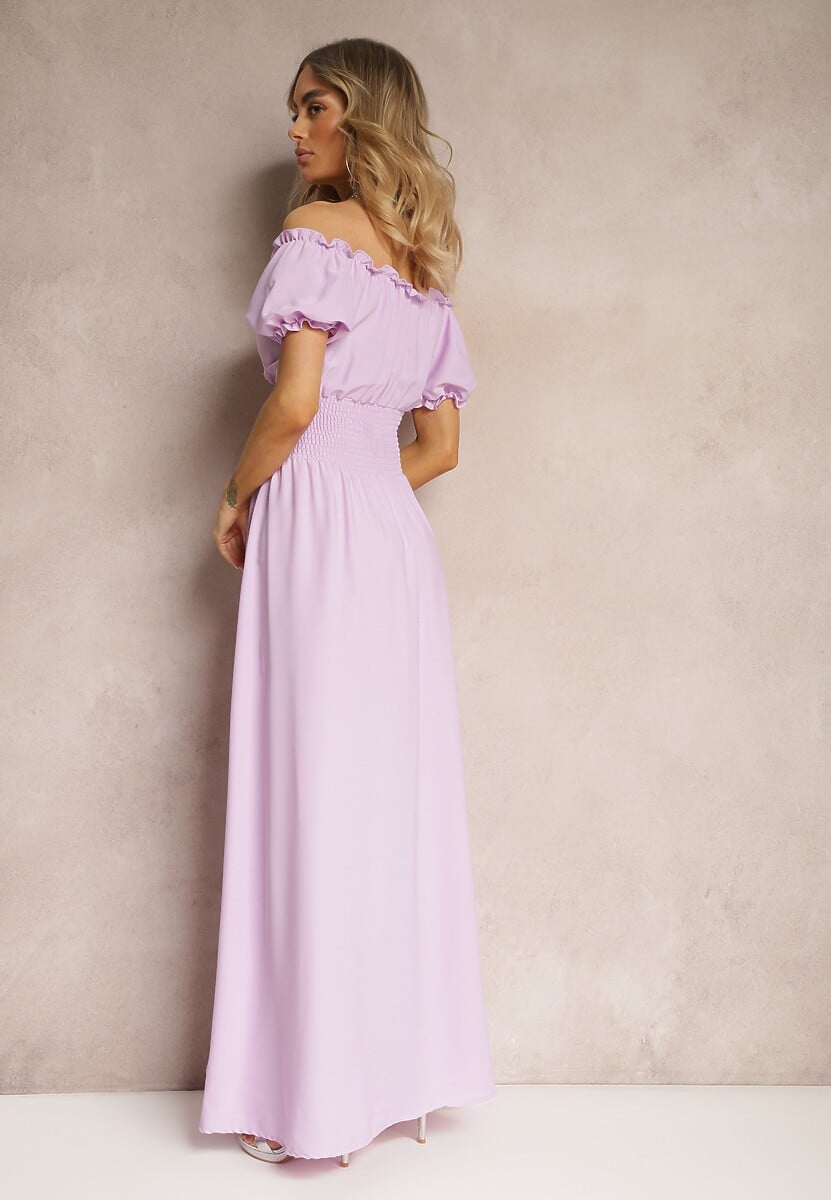 Fioletowa Sukienka z Wiskozy z Gumką w Talii i Kopertowym Dekoltem Rhoneri