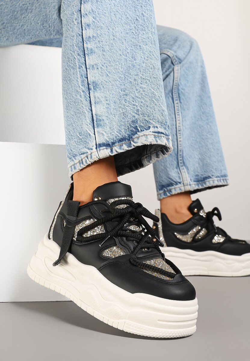 Czarne Sneakersy w Streetwearowym Stylu na Tłoczonej Platformie z Brokatem Mailienne