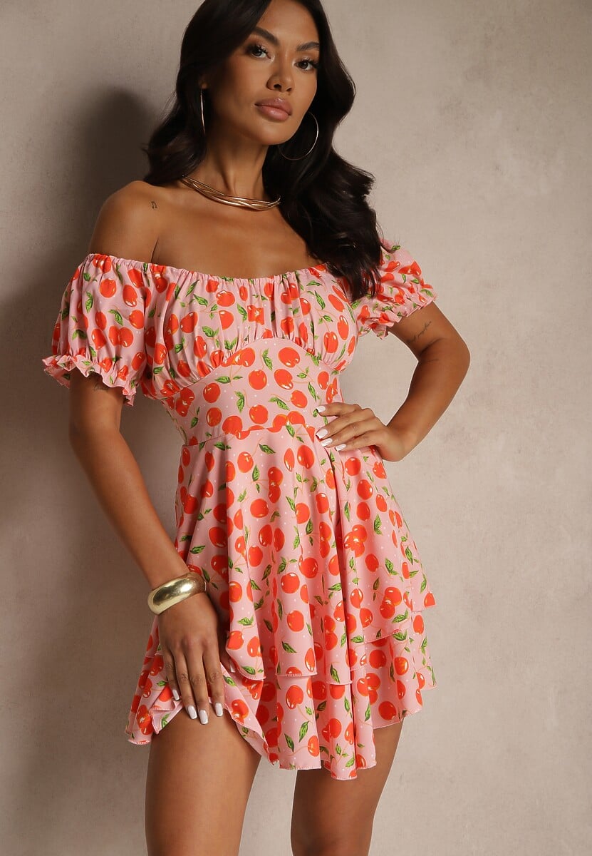 Różowa Sukienka Rozkloszowana z Bawełną w Wisienki Lunasella