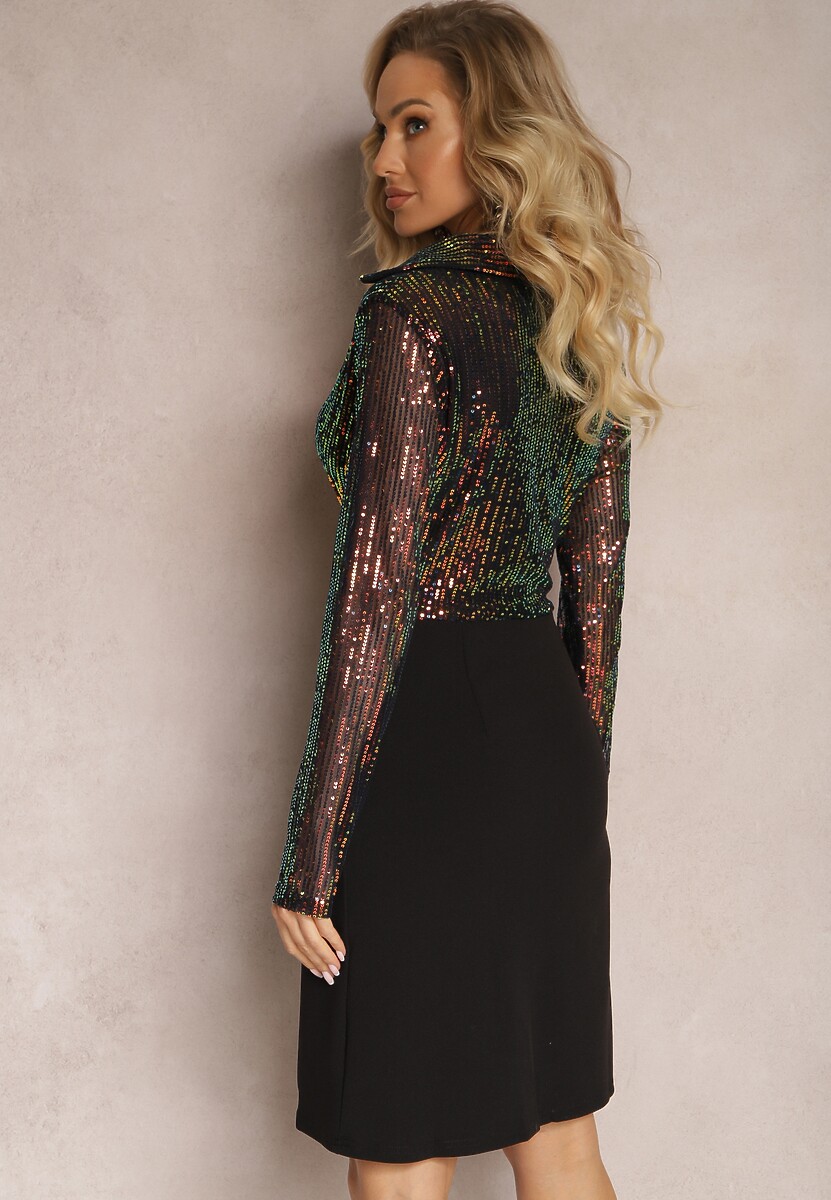 Czarno-Zielona Sukienka Mini z Siateczki z Cekinami i Ozdobną Klamrą Warena
