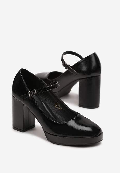 Czarne Czółenka na Słupku i Niskiej Platformie z Paskiem Kemra