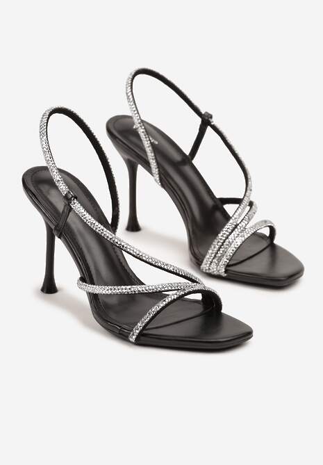 Czarne Sandały Vices na Szpilce Ozdobione Paskami z Cyrkoniami Tilarea