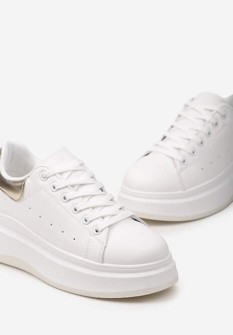 Biało-Złote Sznurowane Sneakersy z Imitacji Skóry na Platformie Filamena