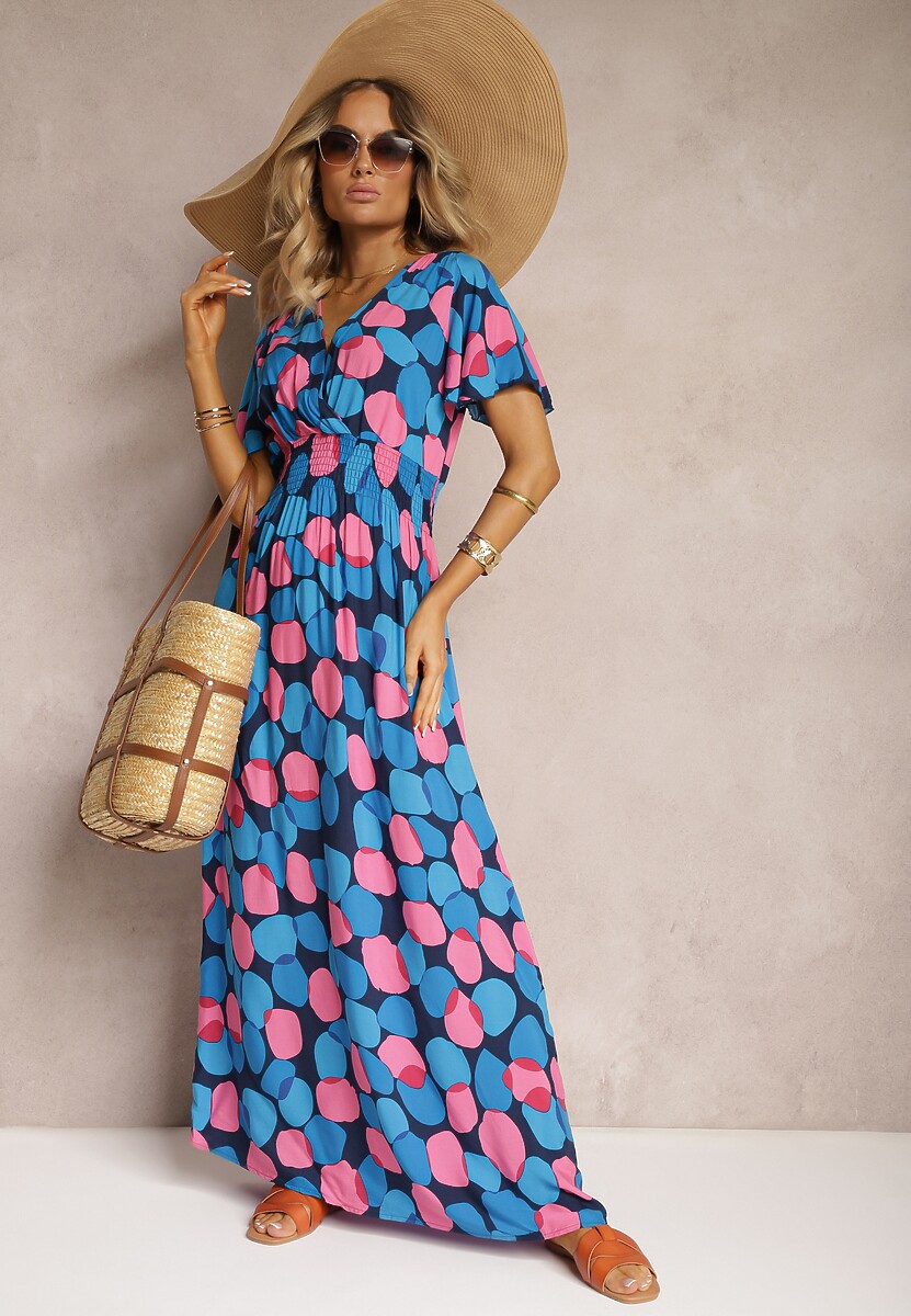 Niebiesko-Różowa Bawełniana Sukienka w Geometryczny Wzór z Kopertowym Dekoltem z Gumką w Pasie Fanelsea