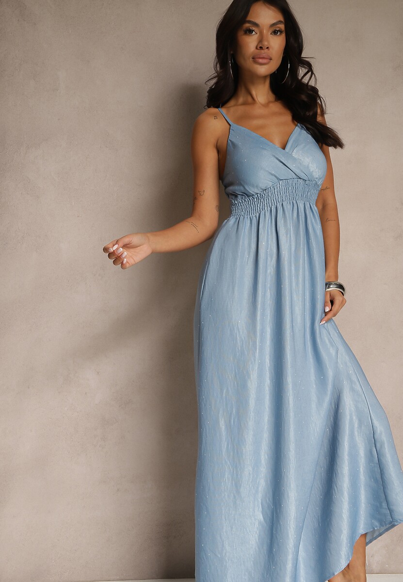 Niebieska Wiskozowa Sukienka o Kopertowym Kroju na Ramiączkach z Cyrkoniami Aravice