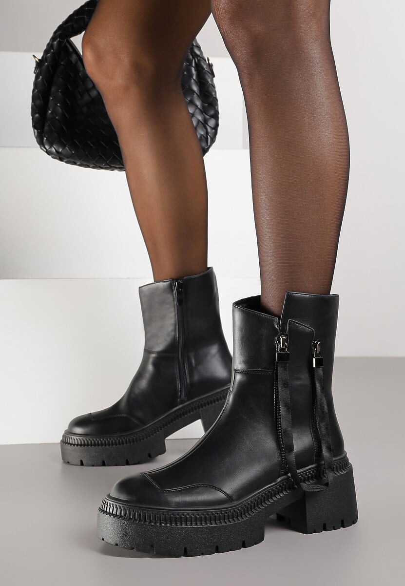 Czarno-Brązowe Botki Lakierowane Vices Ozdobione Tasiemką Rotine