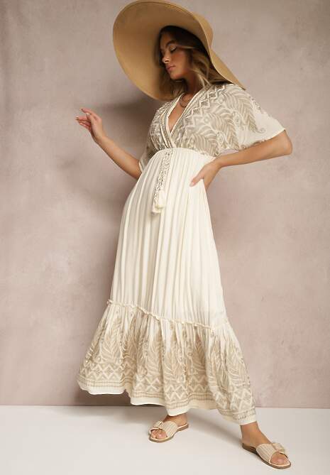 Jasnobeżowa Sukienka z Wiskozy o Kopertowym Kroju Zdobiona Metalicznym Haftem Grelhira