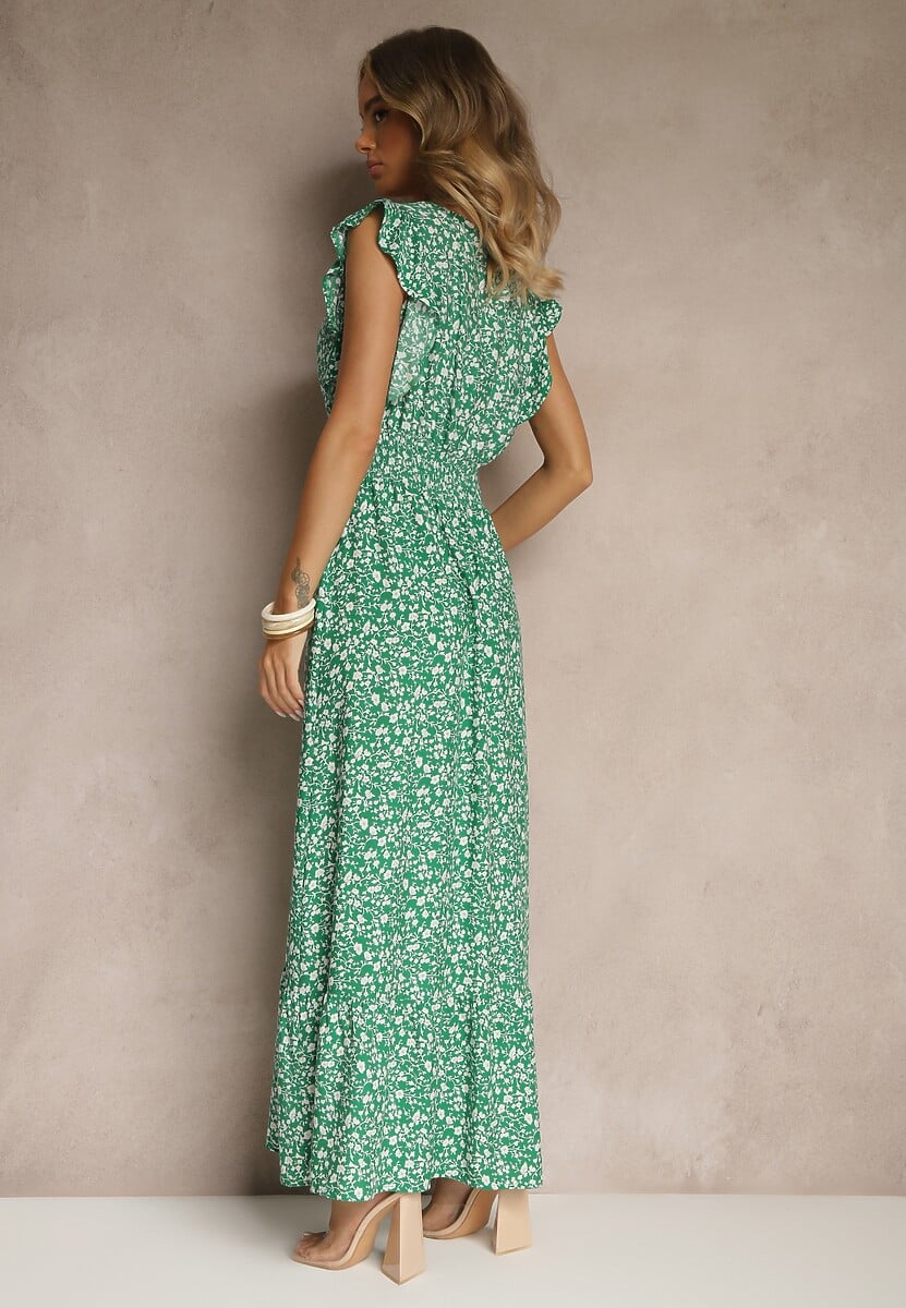 Zielona Rozkloszowana Sukienka Zdobiona Falbanami i Kwiatowym Printem Aravee