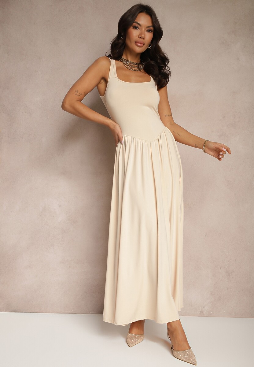 Niebieska Rozkloszowana Sukienka z Wiskozą i Kwadratowym Dekoltem Ravvia