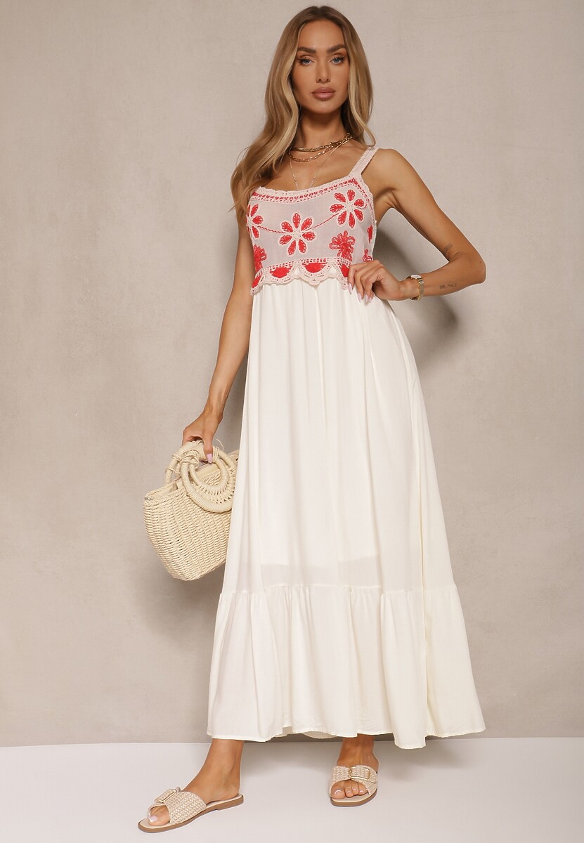 Beżowa Sukienka z Wiskozy Ozdobiona Haftem Rinastra