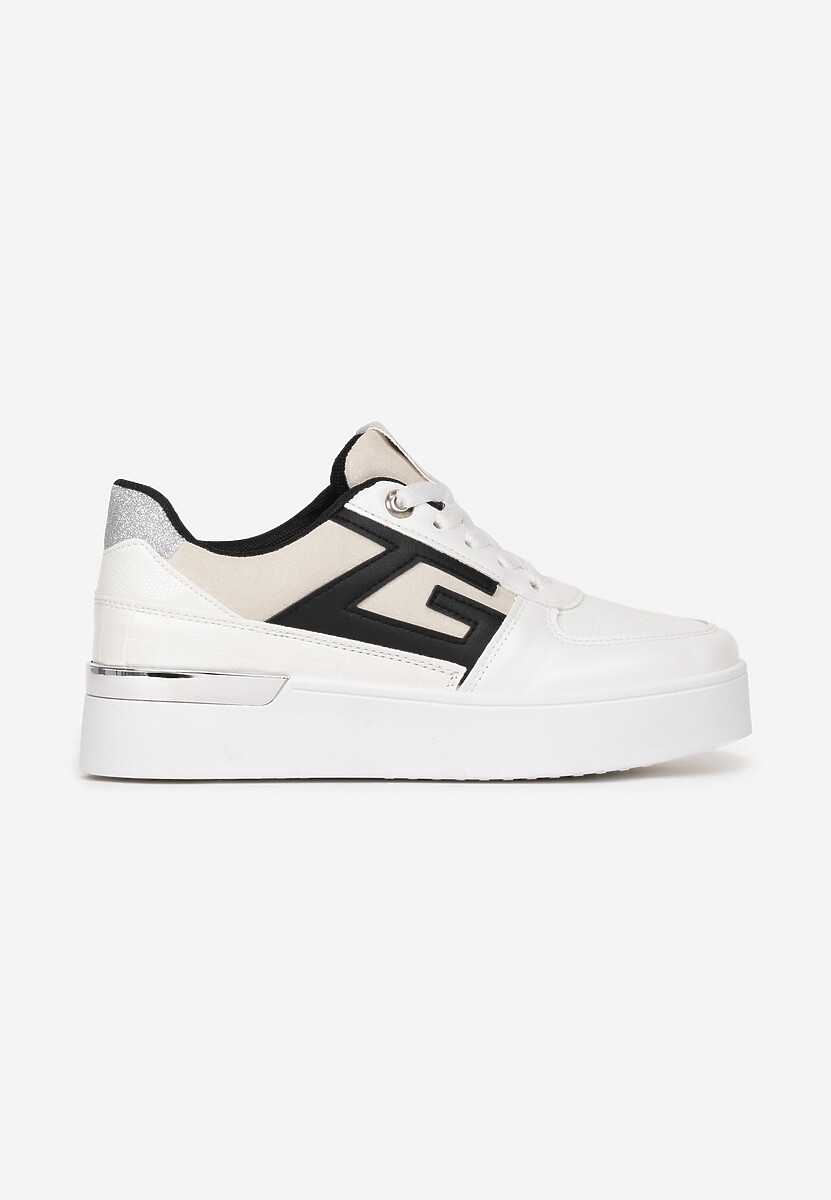 Białe Sznurowane Sneakersy na Grubej Podeszwie z Metaliczną Wstawką Faeline