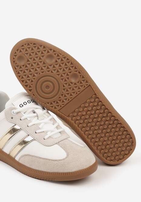 Biało-Złote Sneakersy ze Skóry Naturalnej na Płaskiej Podeszwie Wykończone Paskami Navinda