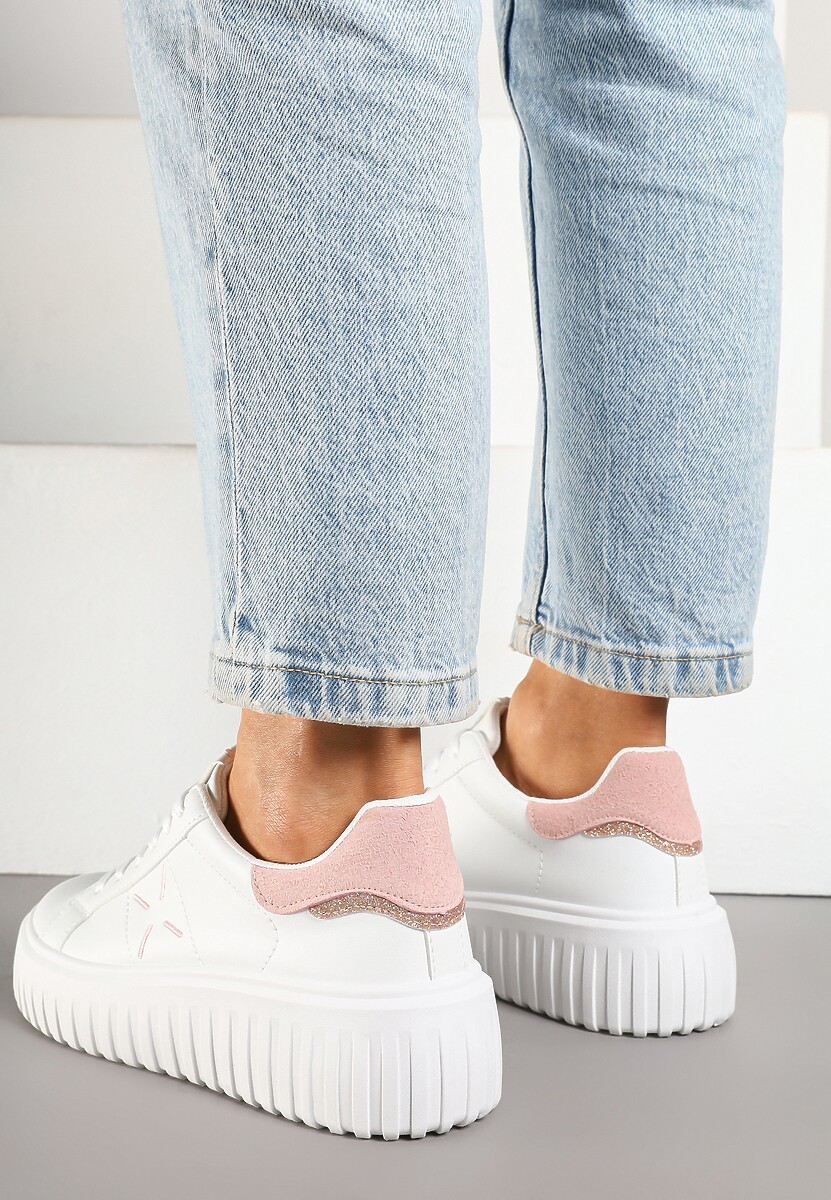 Biało-Różowe Sneakersy na Platformie z Tłoczeniem i Brokatową Wstawką Nuselin