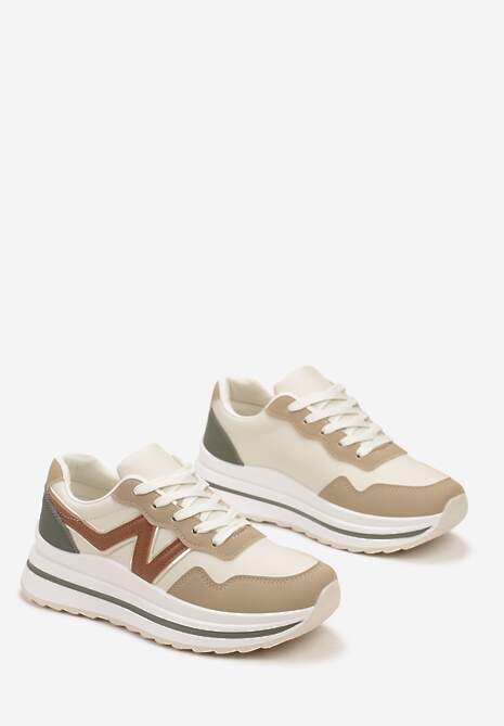 Ciemnobeżowe Sznurowane Sneakersy z Ekoskóry na Grubej Podeszwie Literna