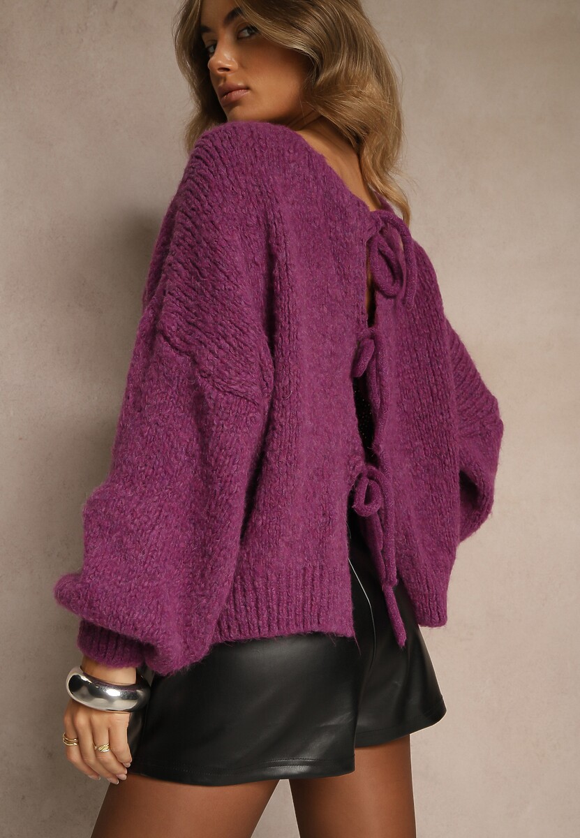 Jasnobrązowy Kardigan z Wełną o Kroju Oversize z Wiązanymi Kokardami Elearina